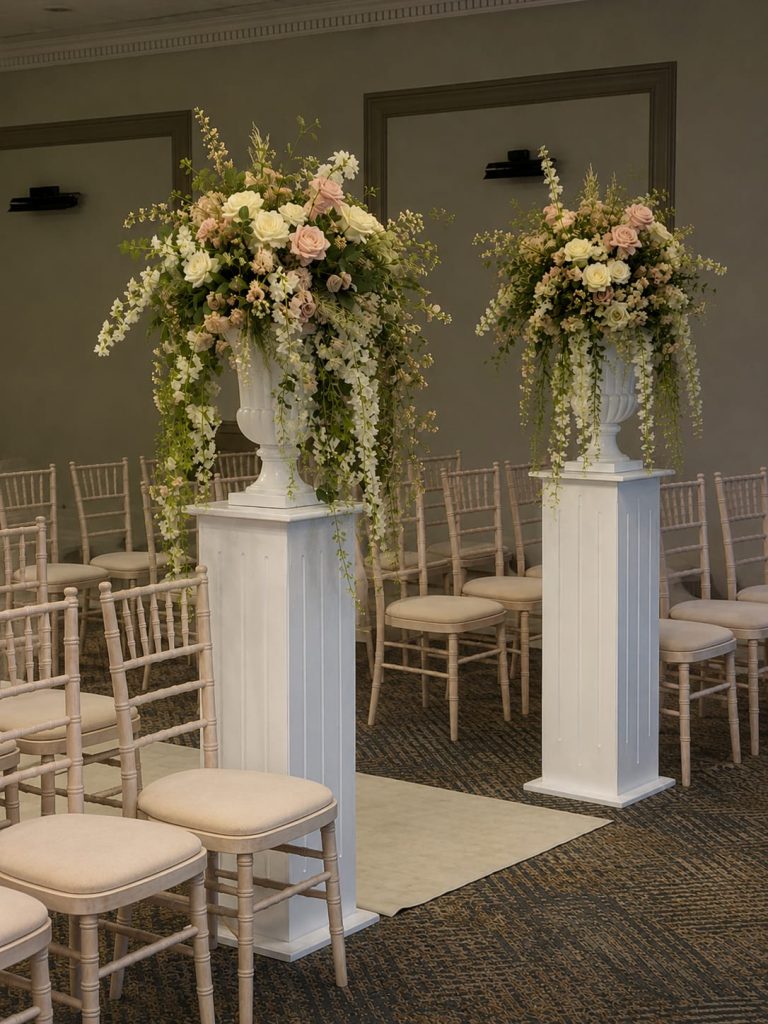 White plinths with urn arrangements tailored to your colour theme. £300 a pair.